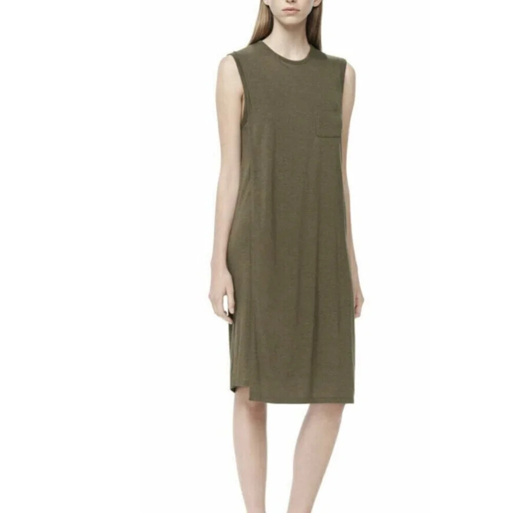 T Alexander Wang Womens S Olive Green Overlap Overlay Sleeveless Tshirt Dress